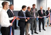 Phillippe Latombe, Député de Vendée (third from right), aided by Parable Trust’s Robert Conway (centre) and other local dignitaries, cuts the official opening ribbon held by Gaby Chataigner (far right) and Corentin Rabaud (left): the longest serving and newest Europlacer employees respectively. 